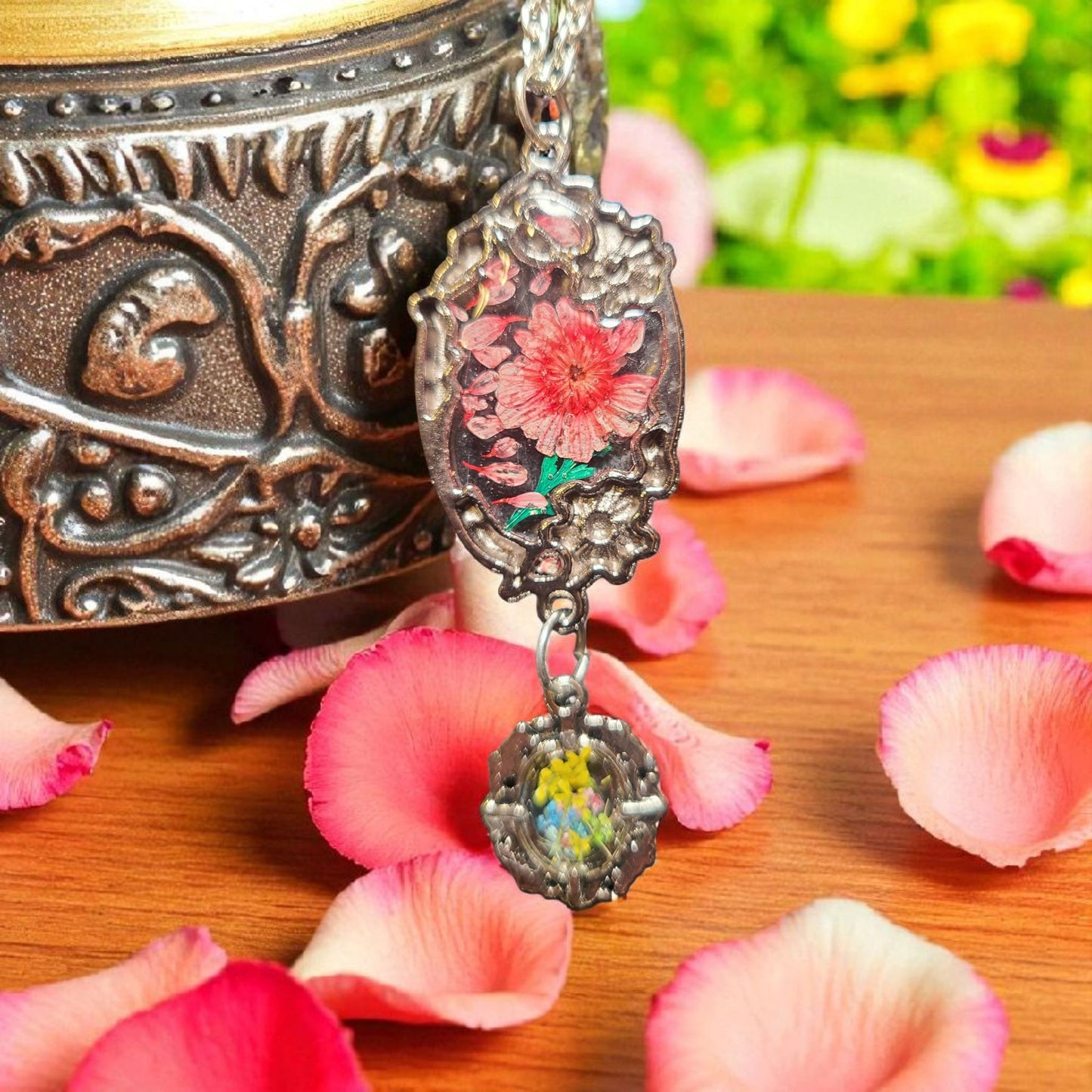 Real Flower Pendant with dangle of flowers