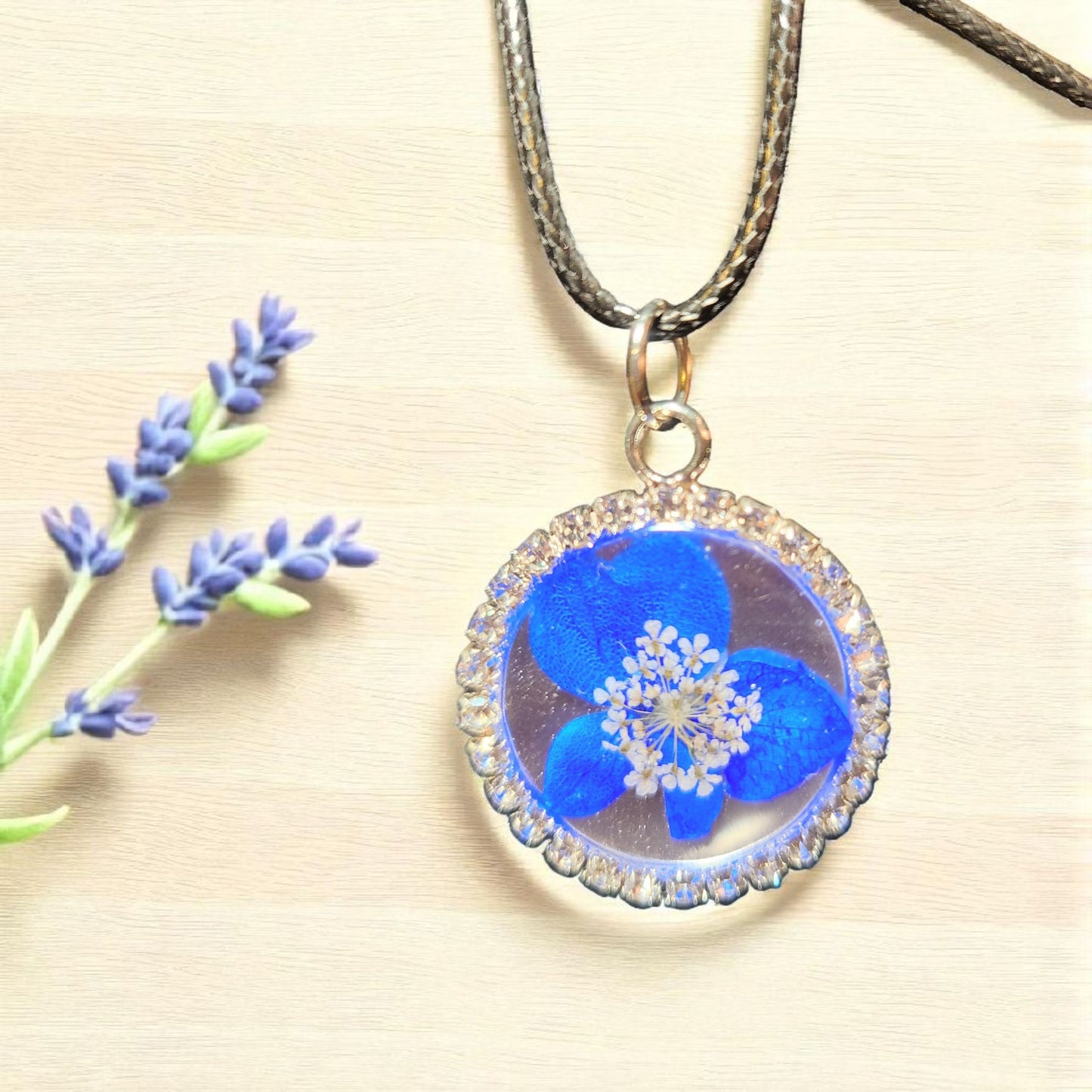 Real Flower Pendant with Rhinestone Border