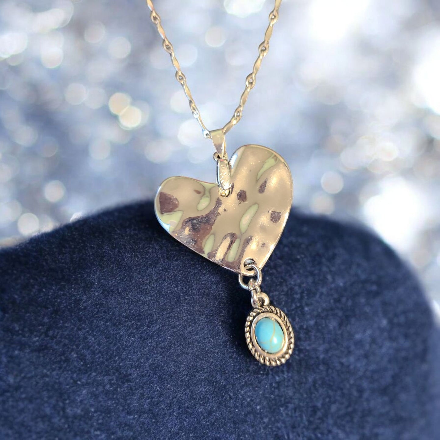 Silver Heart Pendant with Turquoise dangle on 20-inch Silver Chain