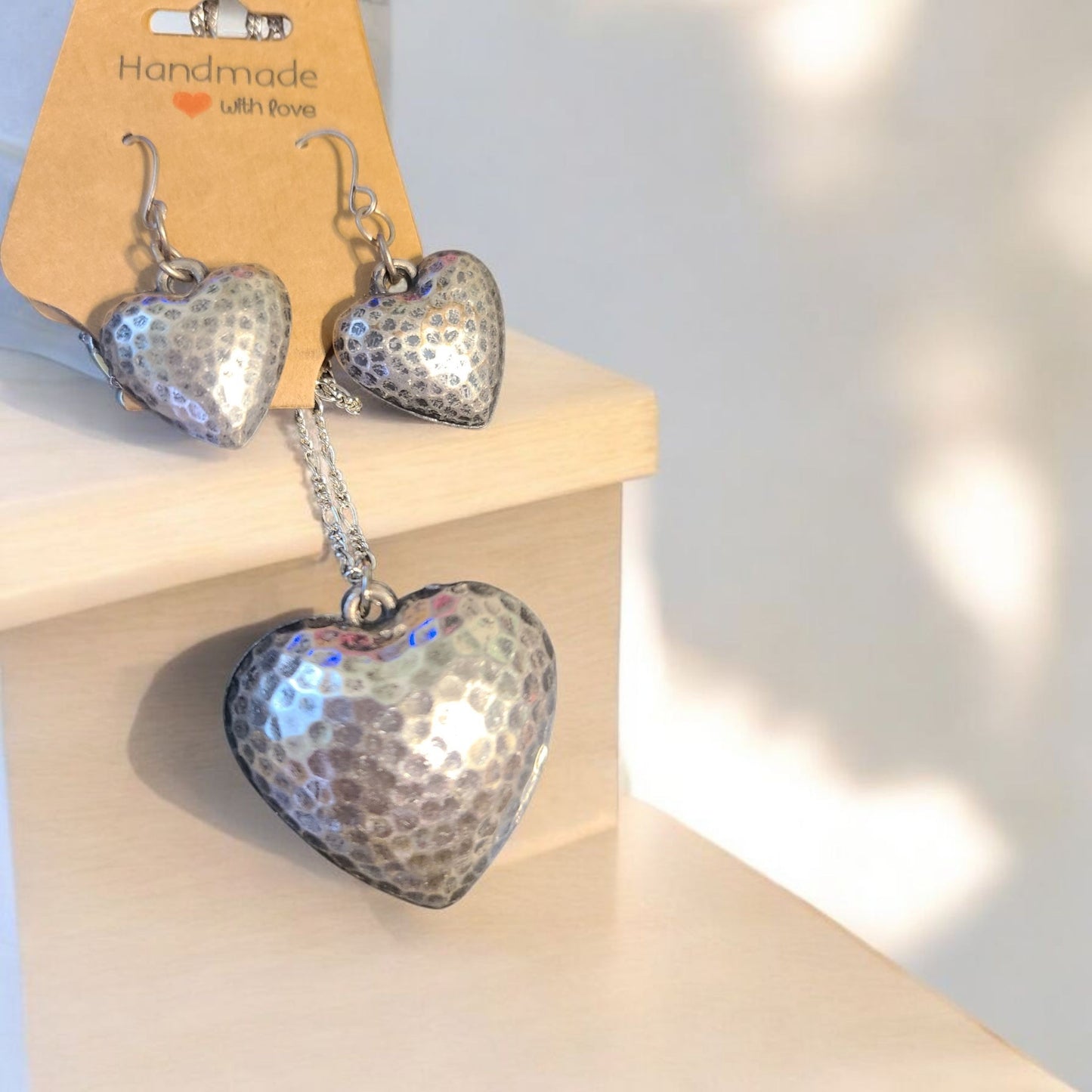 Puffy Heart Earring and Necklace Set with Antique feel