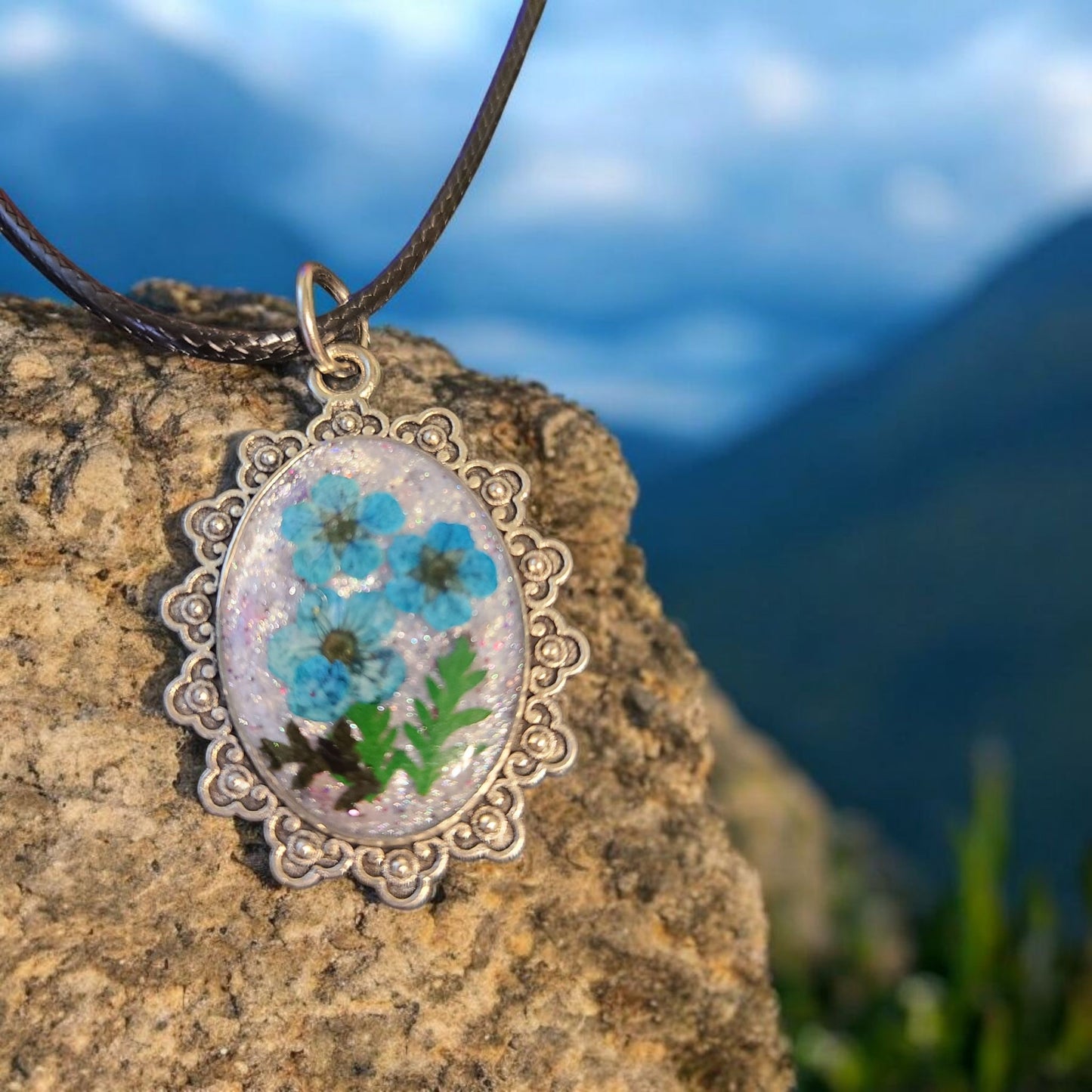 Vintage style Pendant with Real Flowers-Chain included