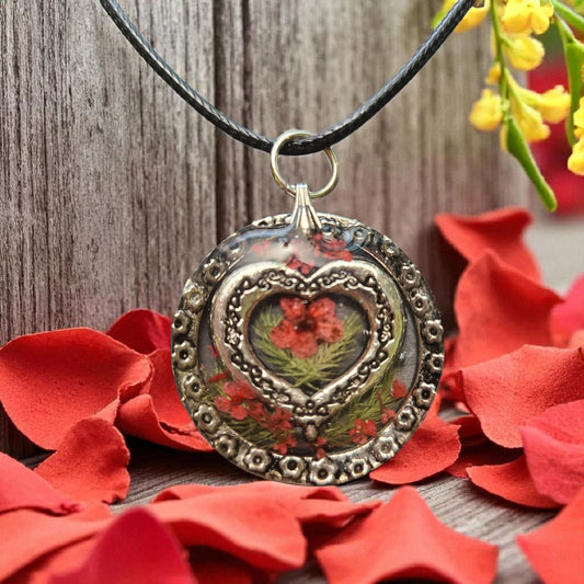 Flower Pendant with heart and leather cord