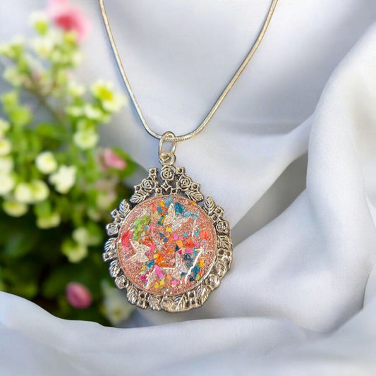 Cute Butterfly in Real Flower Petals set in resin with 20-inch Silver Chain