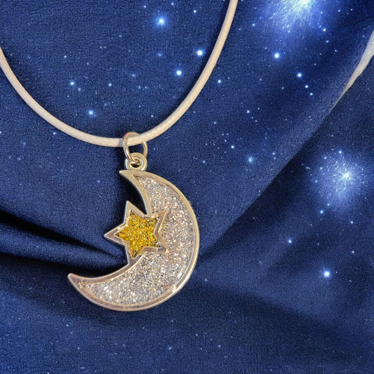Cute and Sparkly Star and Moon Pendant with Leather Cord