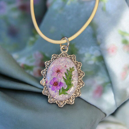 Vintage style Pendant with Real Flowers-Chain included