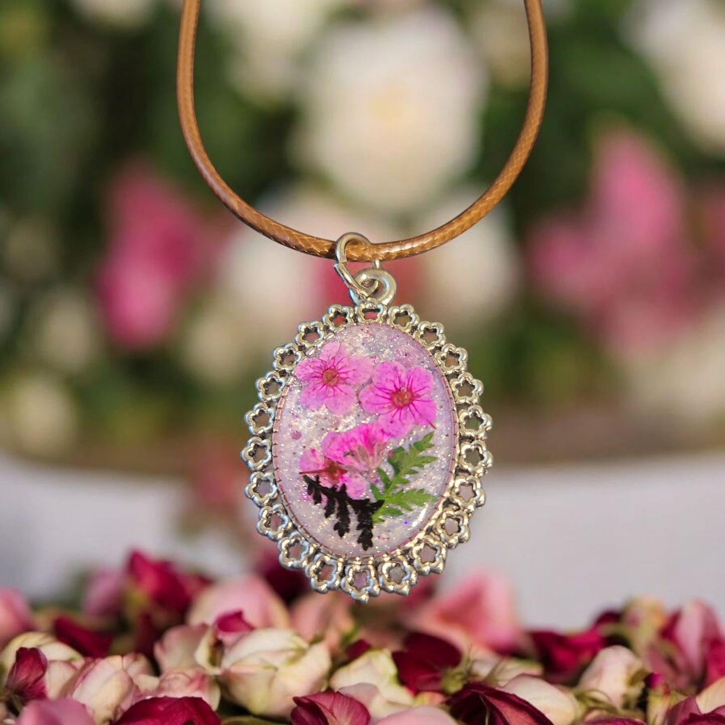 Vintage style Pendant with Real Flowers-Chain included