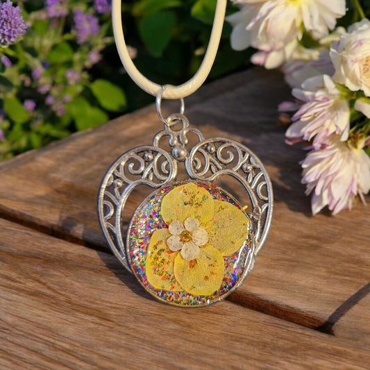 Lace Heart Pendant with Real Flowers set in Resin