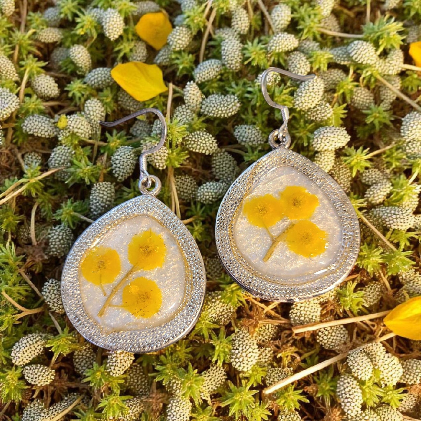 Real Flowers and Resin Earrings with Sterling Silver Hooks
