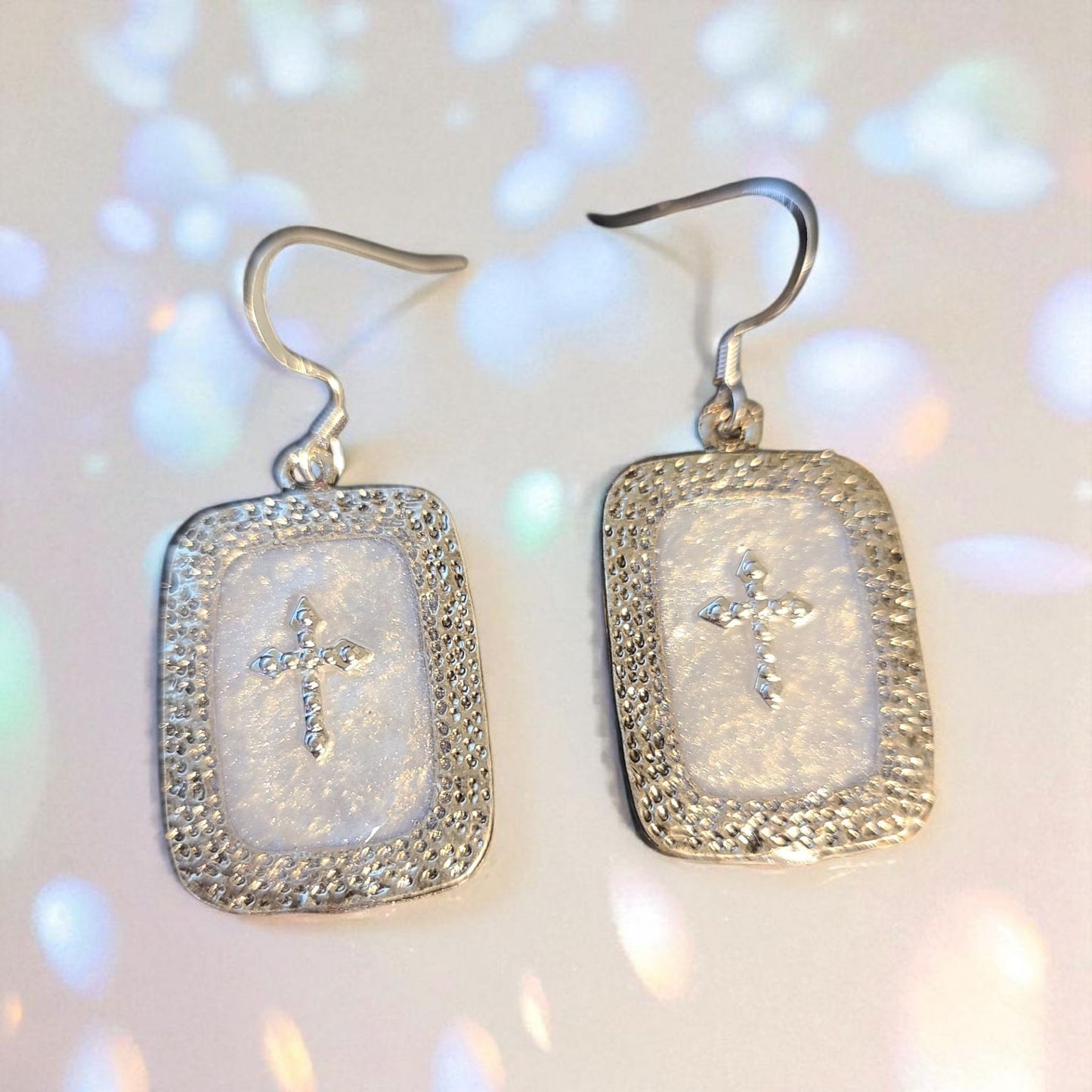 Resin and Silver Cross Earrings with Sterling Silver Hooks